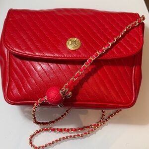 Celine Red Quilted Leather Crossbody Shoulder Bag Ribbon Chain Strap EUC